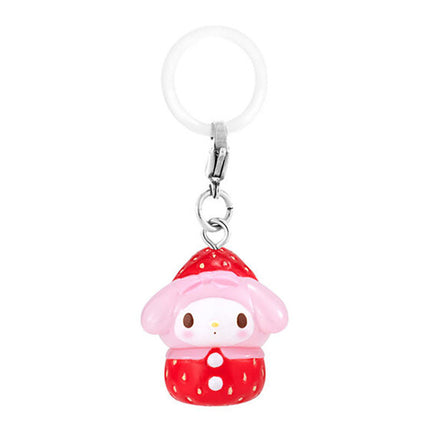 Strawberry-themed hooded bunny keychain charm with pink hood and red polka-dot outfit