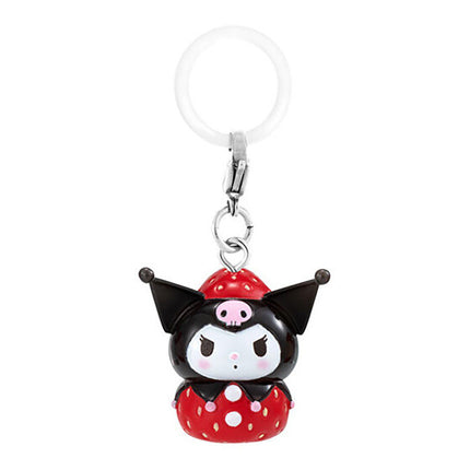Strawberry-themed black-eared character keychain charm with red polka-dot outfit