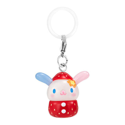 Strawberry-themed blue-ear character keychain charm with red polka-dot outfit
