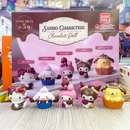 Sanrio chocolate doll capsule set box showing five character figures on display