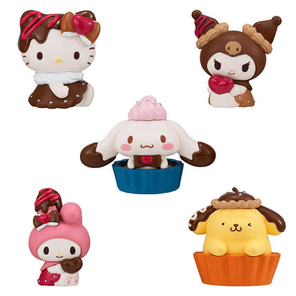 Five chocolate cup character dolls shown as separate views, each with heart or bow