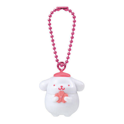 Pink bead necklace keychain with white bunny mascot holding red star charm