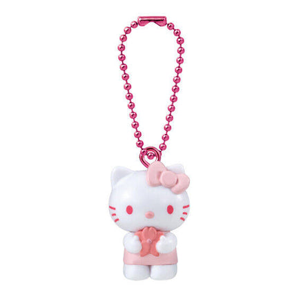 Pink bead necklace keychain with Hello Kitty-style cat figure and pink flower charm