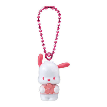 Pink bead necklace keychain with white bunny mascot and pink ear and tail details
