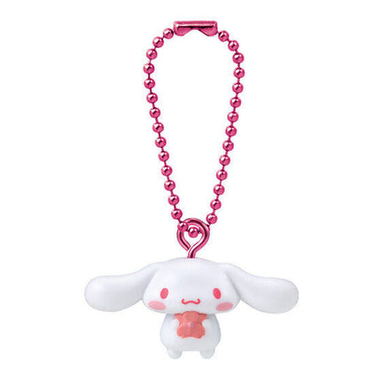 Pink bead necklace keychain with white bunny mascot smiling and red star charm