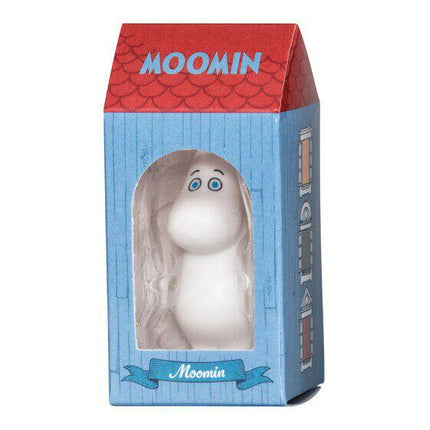 Moomin miniature character toy in blue and red package, Moomin name on front