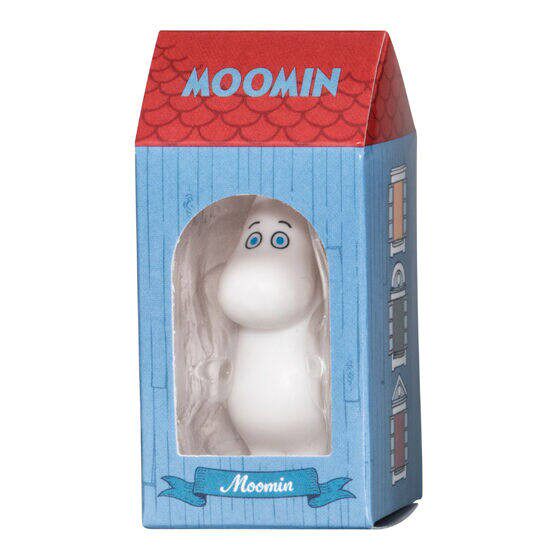 Moomin miniature character toy in blue and red package, Moomin name on front