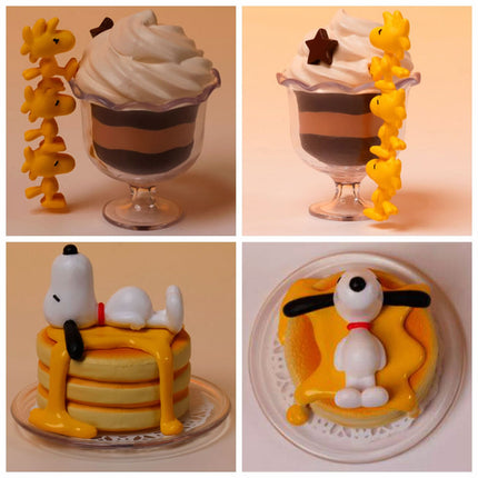 Close-up collage of Snoopy dessert capsule figures: cake, green cup, chocolate cup, pie