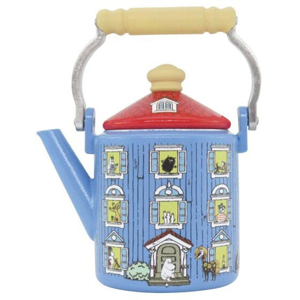 Miniature blue teapot with red lid, beige handle grip, and house window artwork