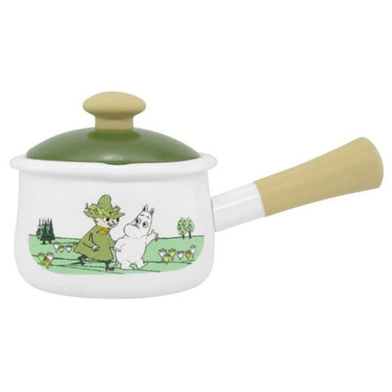 Small white saucepan with green lid and long light handle, garden scene print