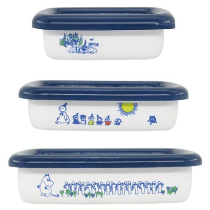 Set of three small enamel bowls with dark blue rims and character prints