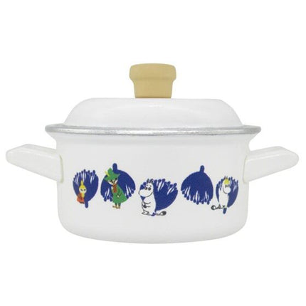 Small white lidded pot with side handles and blue animal illustration