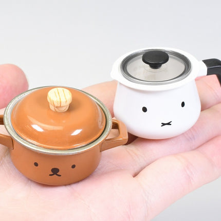 Miniature miffy Boris-face teapot and pot set: white pot with black handle, orange pot