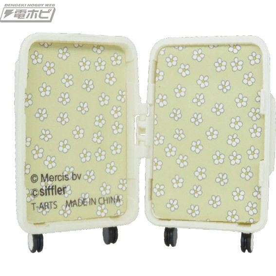 Open mini suitcase pair showing pale green floral pattern and rolling wheels