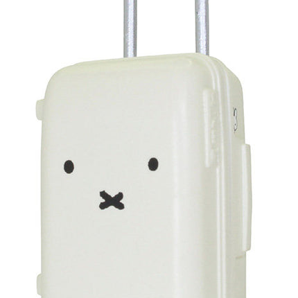 White mini suitcase toy with bear face decal, side latches, and rolling wheels