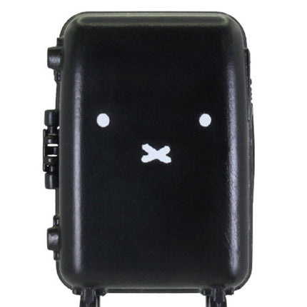 Black mini suitcase toy with bear face decal, side latches, and rolling wheels