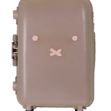 Taupe mini suitcase toy with bear face decal, side latches, and rolling wheels