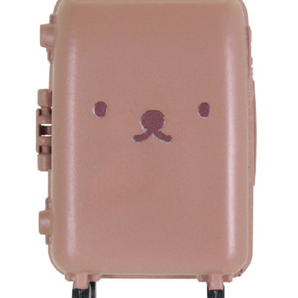Pink mini suitcase toy with bear face decal, side latches, and rolling wheels