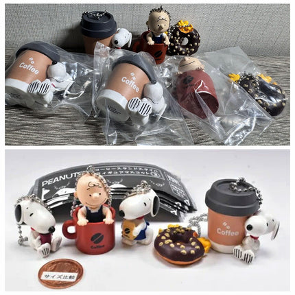 Snoopy coffee stand keychain charms in clear packaging, with cup and donut accessories