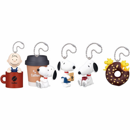 Set of five Snoopy coffee stand style keychain charms with bead chains and mug parts