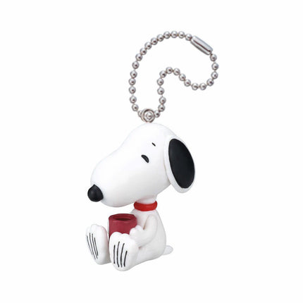 Snoopy keychain charm with bead chain, white body, and dark coffee mug container
