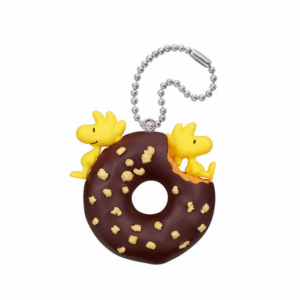 Donut-shaped Snoopy coffee keychain charm with bead chain and two yellow figures