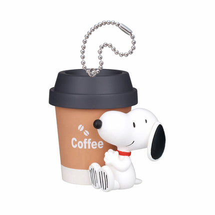 Snoopy coffee cup keychain charm with bead chain, dark lid, and white character