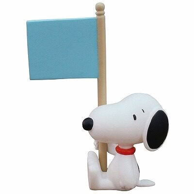 Snoopy mascot figurine holding a blue sign on a wooden pole