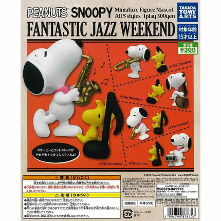 Takara Tomy capsule toy box back with small Snoopy jazz weekend figure views