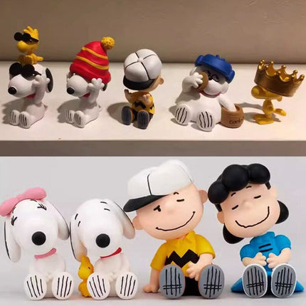 Five Peanuts Snoopy hide-and-seek capsule toy figures lined on a shelf