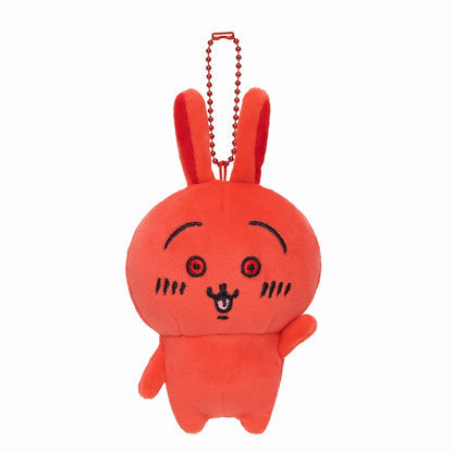 Red usagi plush mascot keychain with bead chain and front face