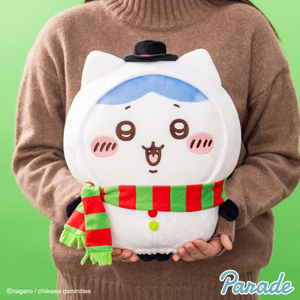 Christmas big plush toy (30cm), white cat plush with blue hood and red-green striped scarf.