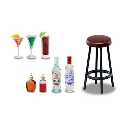 various drinks and a stool, including cocktails, a rum bottle, a vodka bottle, and a stool.
