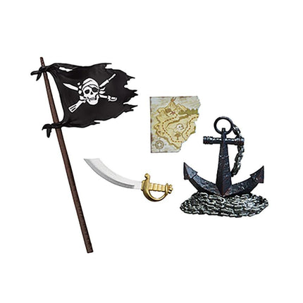 a pirate flag, a map, a sword, and an anchor, all of which are black and gold in color.