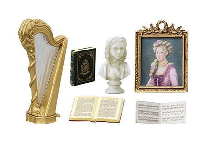 a gold harp, a white bust, a framed painting of a woman, an open book, and a small statue.