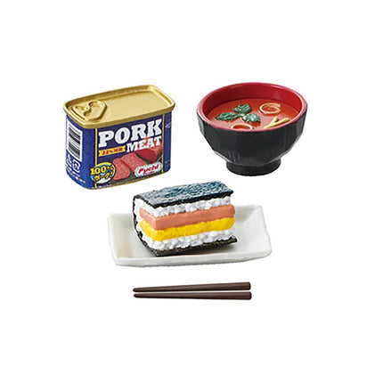 a variety of food items, including a can of pork meat, a bowl of soup, a piece of sushi, and chopsticks.