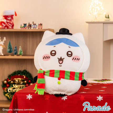 Christmas big plush toy (30cm), white cat plush with blue-striped scarf and red-green outfit.