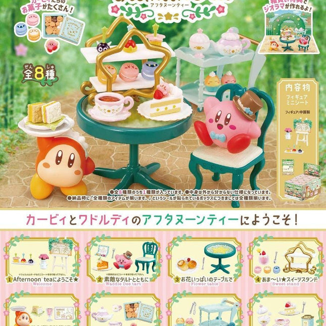 Miniature afternoon tea set box with tray, teapot, cups, and pastries in pastel colors