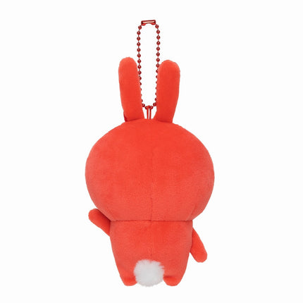 Red usagi plush mascot keychain back view with bead chain and tail