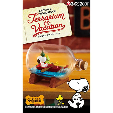 The image is a promotional poster for a "Terraium on Vacation" themed collectible featuring a miniature Peanuts boat in a glass bottle.