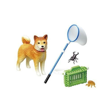 A toy dog, a toy net, a toy container, and a toy insect are depicted in the image.