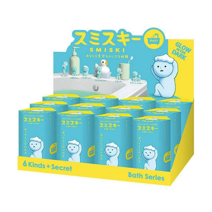 A display of bath products with a cartoon character on the packaging. The packaging features a blue background with yellow text and images of the products.