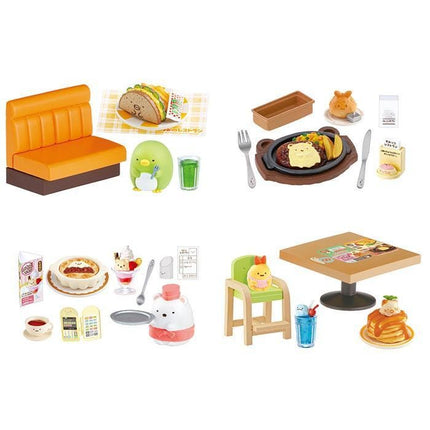 four separate scenes depicting various food items and dining accessories, including a bench, a plate of food, a cup, and a chair.