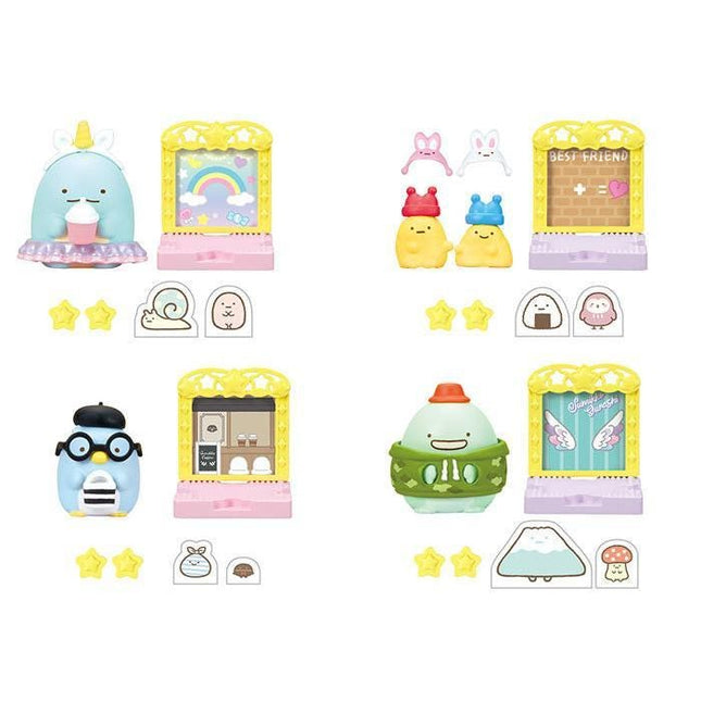 a collection of colorful and whimsical toy figurines, including a blue unicorn, a yellow rabbit, a pink unicorn, and a green frog. The figurines are arranged in a grid-like pattern, with each one featuring unique designs and accessories. The image does not contain any text or additional objects, and the focus is on the vibrant and playful nature of the toy figurines.