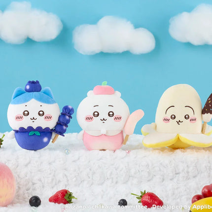 Fruit pocket plush mascots with multiple character plushes on soft white fur