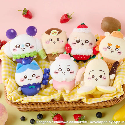 Pocket fruit plush mascot set in a basket with multiple small character plushes