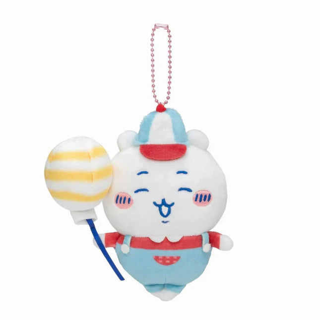 Mini plush mascot with light-blue face, red hat, holding striped ball, hanging chain