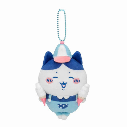 Mini plush mascot with navy hood and light-blue belly, hanging chain