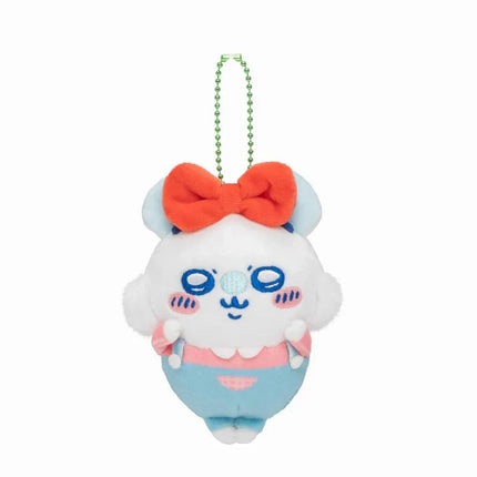 Mini plush mascot with orange bow, blue face details, light-blue belly, hanging chain