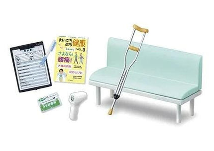 a variety of medical and healthcare-related items, including a clipboard, a crutch, a wheelchair, and a thermometer.